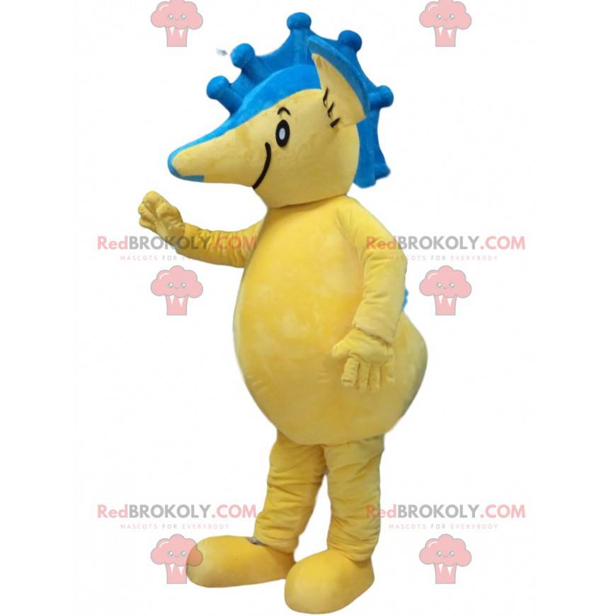 Mascota de caballito de mar amarillo y azul, traje de mar -