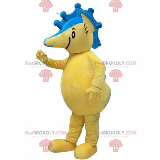 Mascotte cavalluccio marino giallo e blu, costume da mare -