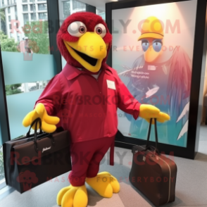 Maroon Parrot mascot costume character dressed with a Raincoat and Briefcases