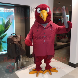 Maroon Parrot mascot costume character dressed with a Raincoat and Briefcases