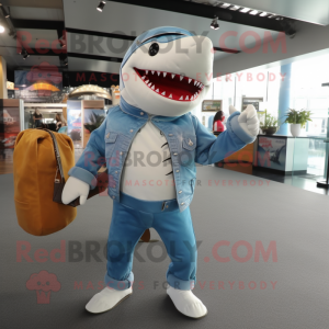 White Shark mascot costume character dressed with a Jeans and Handbags