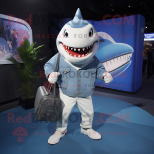 White Shark mascot costume character dressed with a Jeans and Handbags
