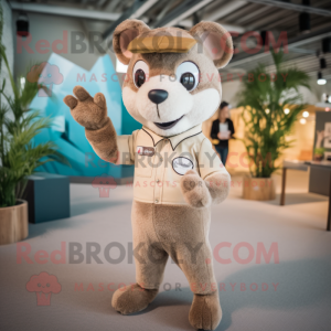Tan Marten mascot costume character dressed with a Playsuit and Lapel pins