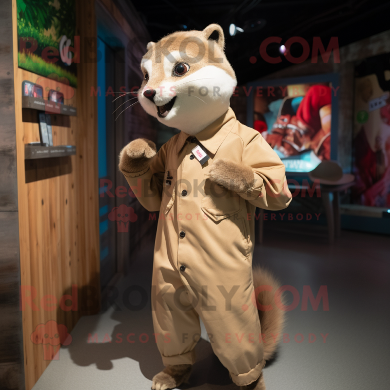 Tan Marten mascot costume character dressed with a Playsuit and Lapel pins