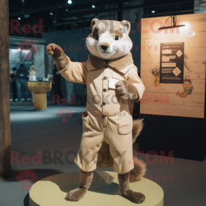 Tan Marten mascot costume character dressed with a Playsuit and Lapel pins