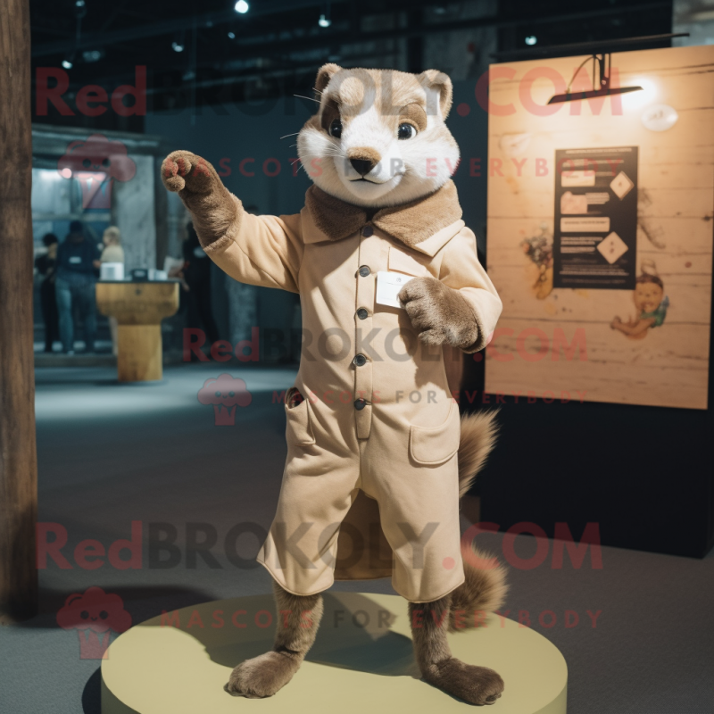 Tan Marten mascot costume character dressed with a Playsuit and Lapel pins