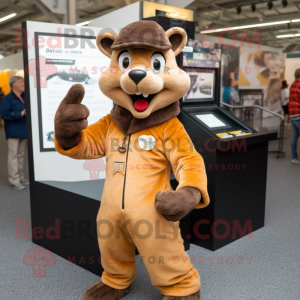 Tan Marten mascot costume character dressed with a Playsuit and Lapel pins