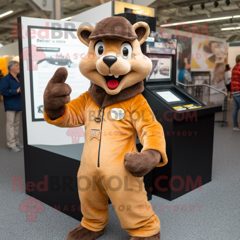 Tan Marten mascot costume character dressed with a Playsuit and Lapel pins Tan Marten mascot costume character dressed with a Playsuit and Lapel pins