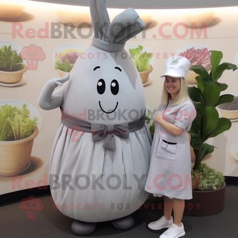 Gray Radish mascot costume character dressed with a A-Line Skirt and Watches