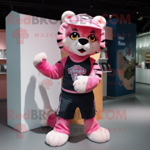 Pink Tiger mascot costume character dressed with a V-Neck Tee and Caps