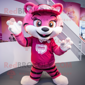 Pink Tiger mascot costume character dressed with a V-Neck Tee and Caps