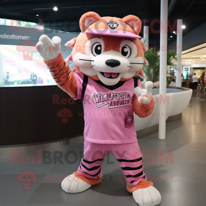 Pink Tiger mascot costume character dressed with a V-Neck Tee and Caps