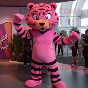 Pink Tiger mascot costume character dressed with a V-Neck Tee and Caps