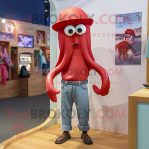 Red Squid mascot costume character dressed with a Mom Jeans and Pocket squares