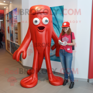 Red Squid mascot costume character dressed with a Mom Jeans and Pocket squares