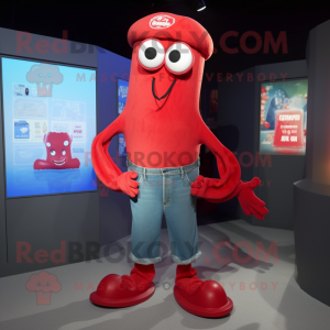 Red Squid mascot costume character dressed with a Mom Jeans and Pocket squares