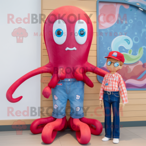 Red Squid mascot costume character dressed with a Mom Jeans and Pocket squares