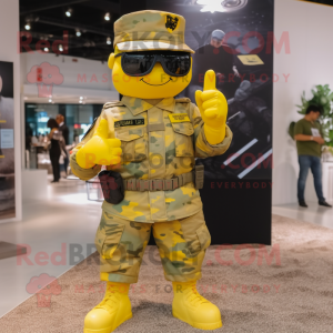 Yellow Army Soldier mascot costume character dressed with a Waistcoat and Digital watches