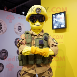 Yellow Army Soldier mascot costume character dressed with a Waistcoat and Digital watches