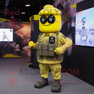 Yellow Army Soldier mascot costume character dressed with a Waistcoat and Digital watches