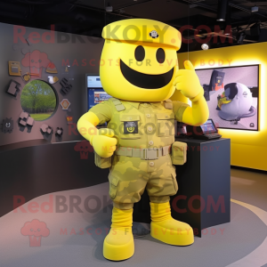 Yellow Army Soldier mascot costume character dressed with a Waistcoat and Digital watches