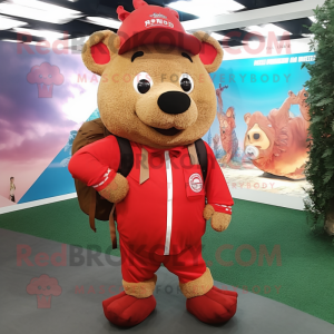 Red Wild Boar mascot costume character dressed with a Romper and Messenger bags