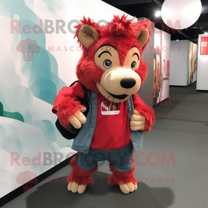 Red Wild Boar mascot costume character dressed with a Romper and Messenger bags