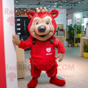 Red Wild Boar mascot costume character dressed with a Romper and Messenger bags