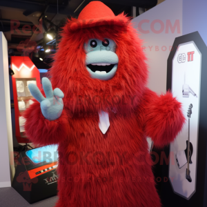 Red Yeti mascot costume character dressed with a Suit and Hat pins