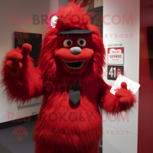 Red Yeti mascot costume character dressed with a Suit and Hat pins