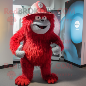 Red Yeti mascot costume character dressed with a Suit and Hat pins
