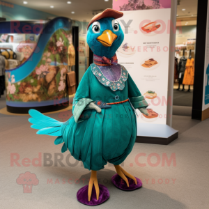 Teal Pheasant mascot costume character dressed with a Maxi Skirt and Anklets