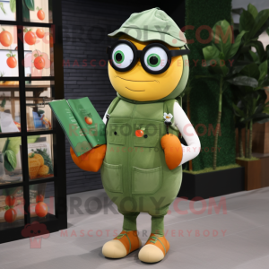 Olive Mandarin mascot costume character dressed with a Dungarees and Reading glasses