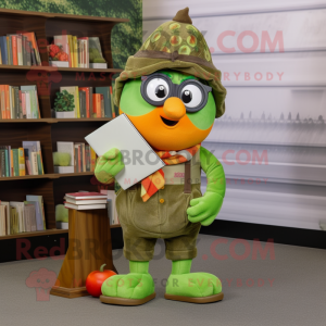 Olive Mandarin mascot costume character dressed with a Dungarees and Reading glasses