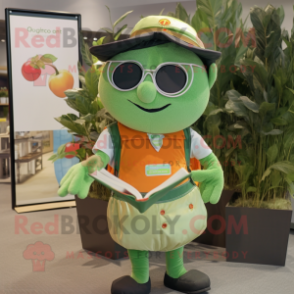 Olive Mandarin mascot costume character dressed with a Dungarees and Reading glasses