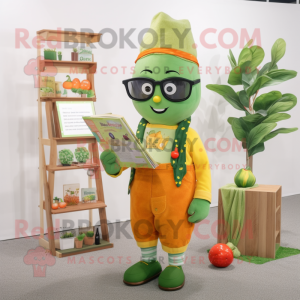 Olive Mandarin mascot costume character dressed with a Dungarees and Reading glasses