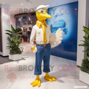 Gold Gull mascot costume character dressed with a Jeans and Ties