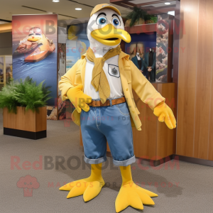 Gold Gull mascot costume character dressed with a Jeans and Ties