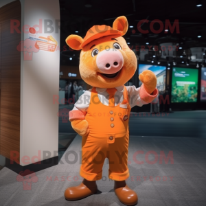 Orange Sow mascot costume character dressed with a Button-Up Shirt and Headbands