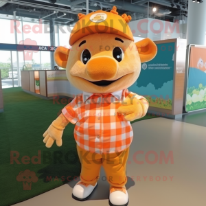 Orange Sow mascot costume character dressed with a Button-Up Shirt and Headbands