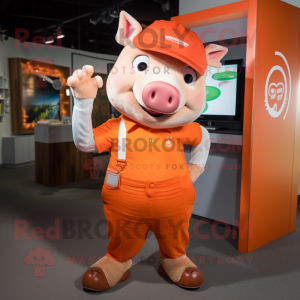Orange Sow mascot costume character dressed with a Button-Up Shirt and Headbands