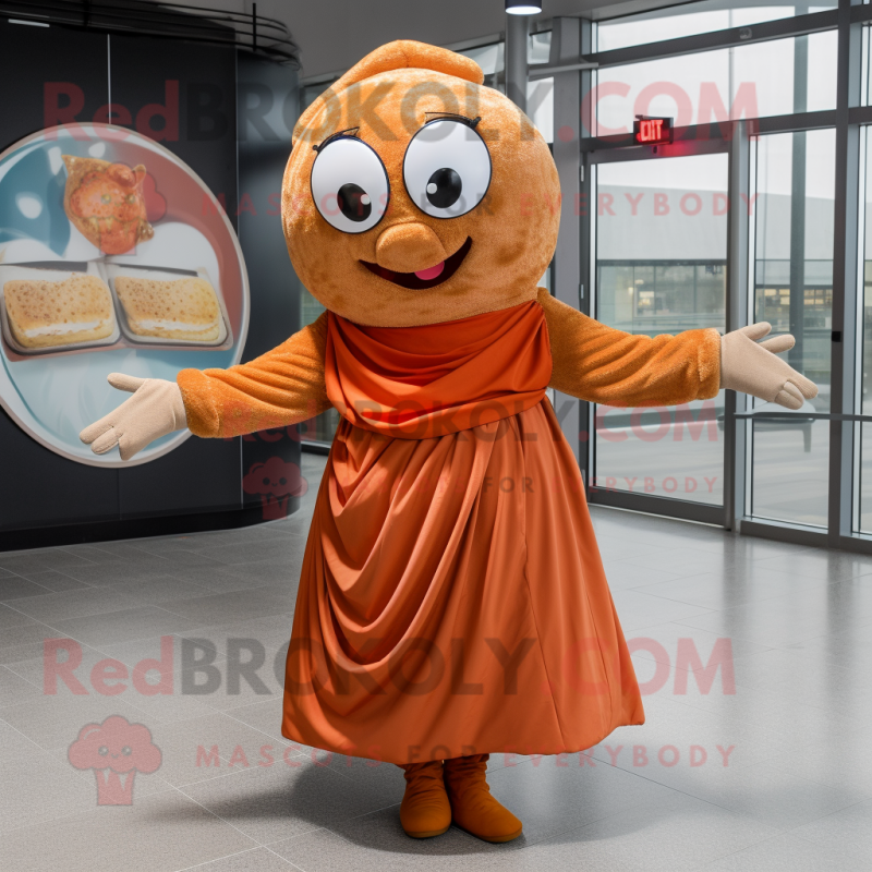 Rust Croissant mascot costume character dressed with a Circle Skirt and Scarf clips