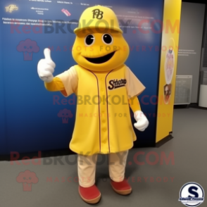 Yellow Baseball Glove mascot costume character dressed with a A-Line Dress and Shawl pins