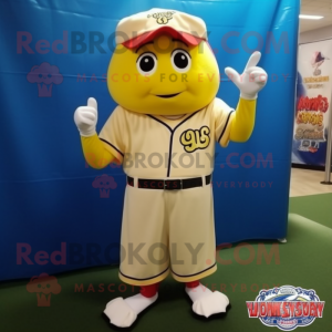 Yellow Baseball Glove mascot costume character dressed with a A-Line Dress and Shawl pins