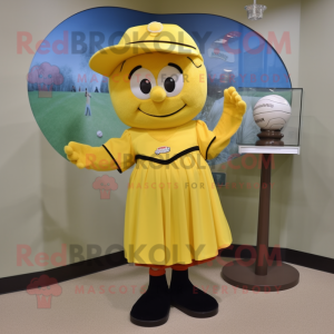 Yellow Baseball Glove mascot costume character dressed with a A-Line Dress and Shawl pins