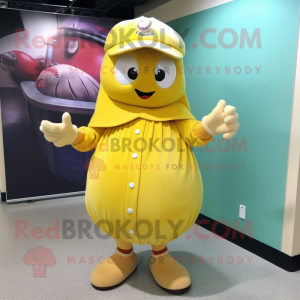 Yellow Baseball Glove mascot costume character dressed with a A-Line Dress and Shawl pins