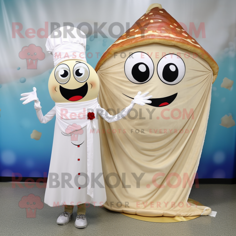 Beige Pizza Slice mascot costume character dressed with a Wedding Dress and Wraps Beige Pizza Slice mascot costume character dressed with a Wedding Dress and Wraps