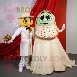 Beige Pizza Slice mascot costume character dressed with a Wedding Dress and Wraps
