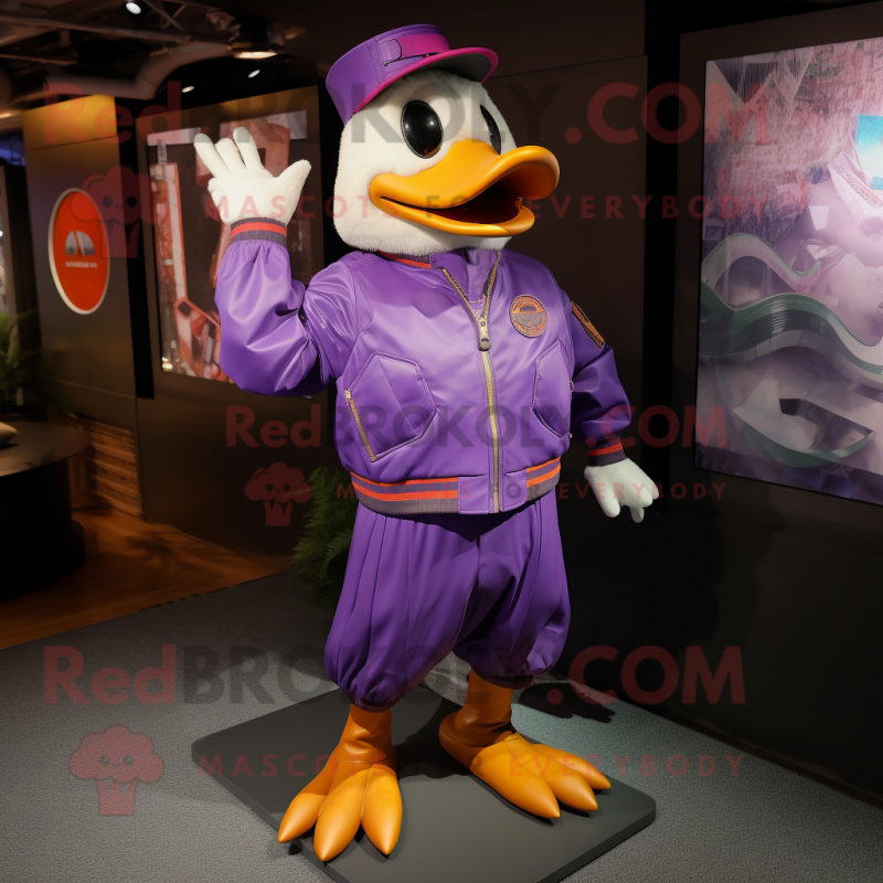 Purple Duck mascot costume character dressed with a Bomber Jacket and Anklets