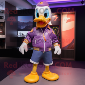 Purple Duck mascot costume character dressed with a Bomber Jacket and Anklets